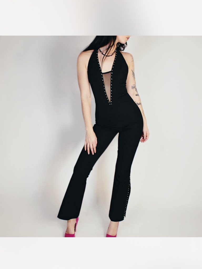 Nwt Bebe Studded Halter Stretch Jumpsuit With Mesh V-Neck